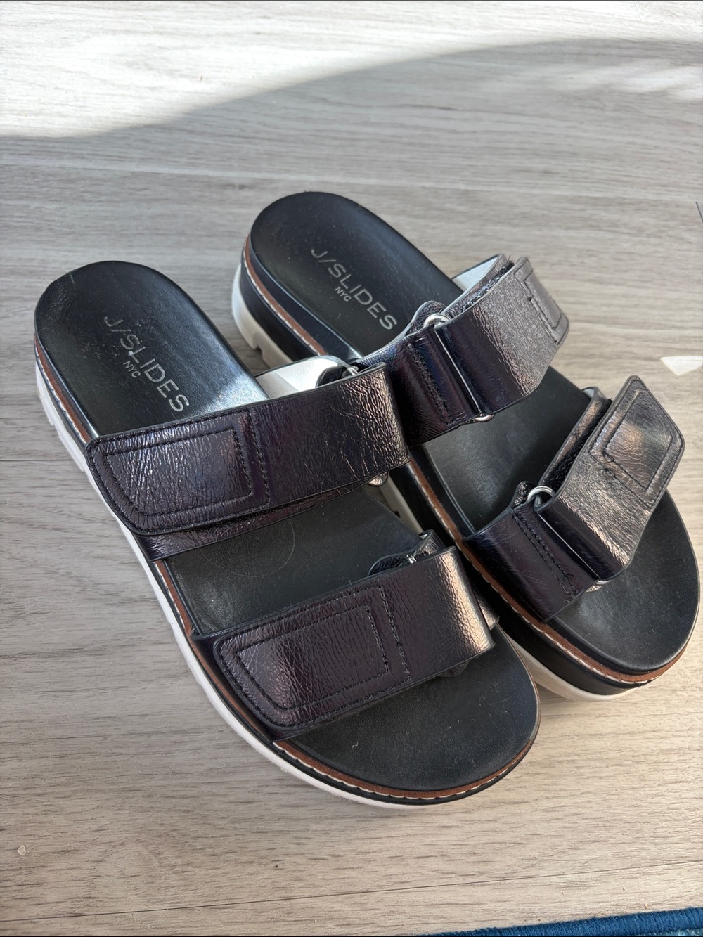 J/SLIDES Dark Brown Leather Double-Strap Slide Sandals